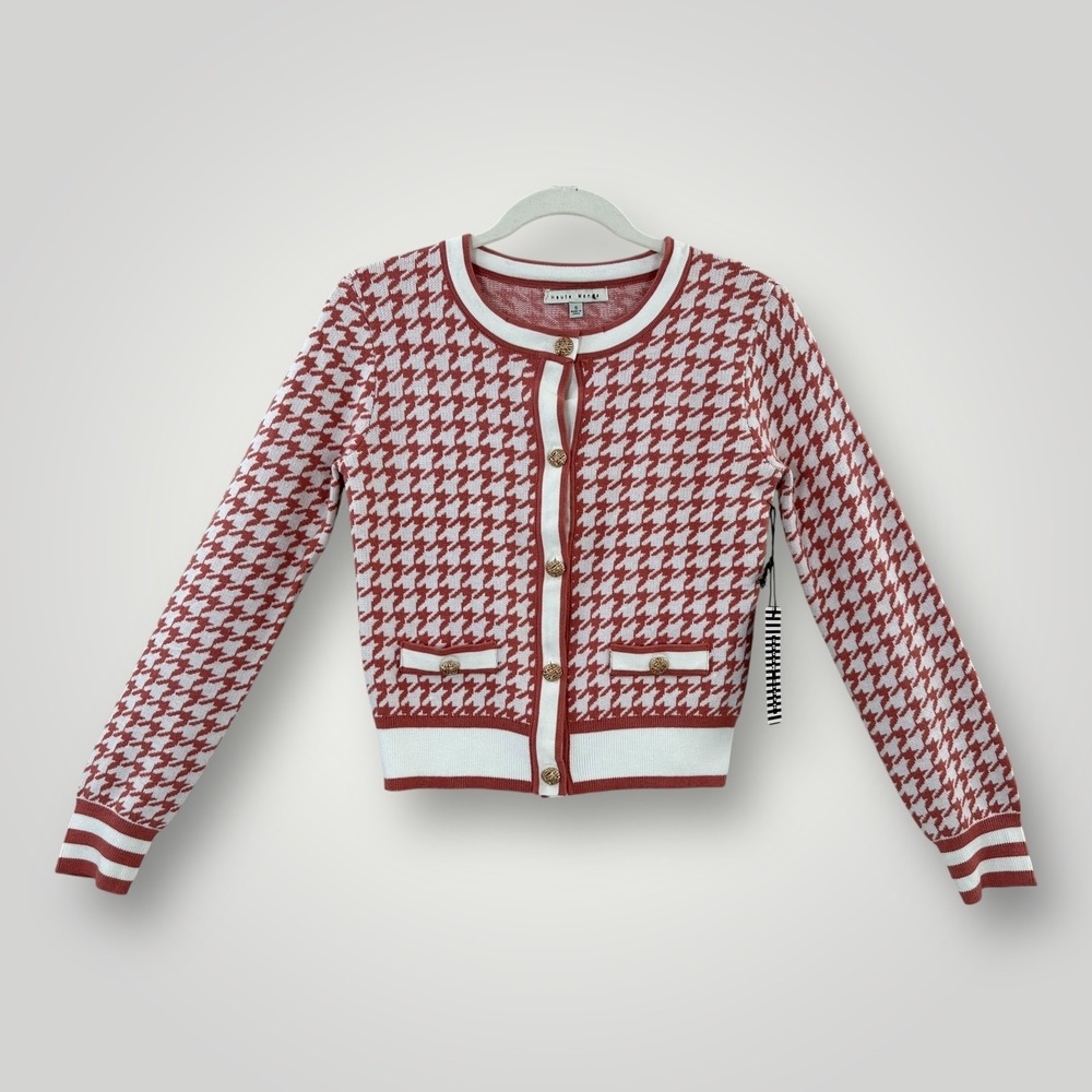 Haute Monde Sweater Womens S Pink White Houndstooth Knit Cardigan Gold Buttn NEW